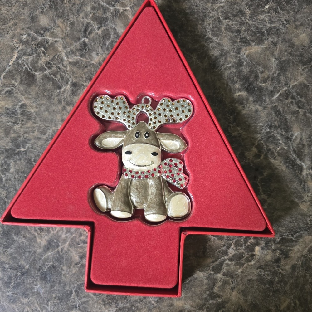 Newbridge Silverware Reindeer Moose Christmas Ornament Rhinestone Enamel Boxed